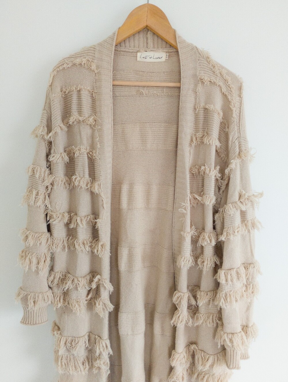Lost In Lunar Beige Fringe Knit Open Front Long Duster Cardigan Sweater S/M - Picture 2 of 8